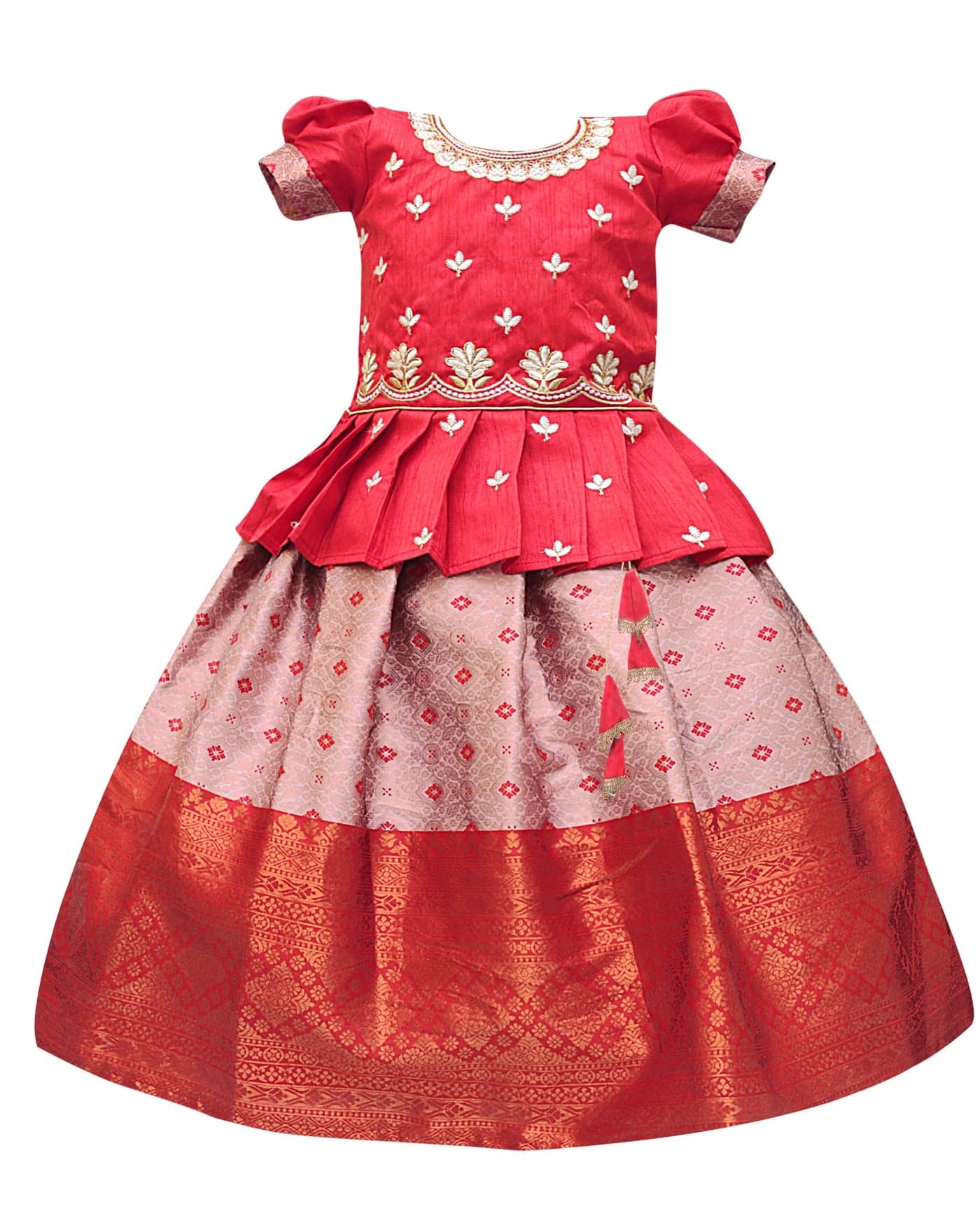 PW PLATYPUS WORLD Girls Cotton Semi-stitched New South Indian Traditional Pattu Pavadai Pattu Langa Jecquard Lehenga Choli Dress (Red & White,12 Months-24 Months)