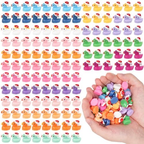 JIUZHU 160 PCS Mini Resin Ducks Wearing Santa Hats 16 Color Tiny Christmas Duck Figures for Dollhouse Fairy Garden Ornaments Xmas Goodie Bag Fillers Party Favors Supplies Classroom Prizes