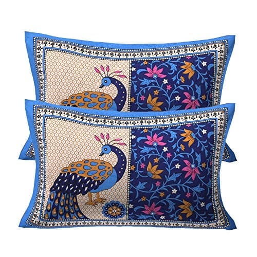 RajasthaniKart Pure Cotton 144TC Pillow Cover (Set of 2 Pillow Covers, Jaipuri Tradional Print Blue)