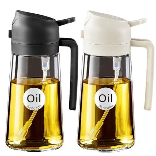 YARRAMATE 2Pcs 16oz/470ml 2 in 1 Oil Sprayer for Cooking with Stickers, Food-grade Glass Oil Spray Bottle, Oil Dispenser and Oil Sprayer for Kitchen, Salad, Frying, BBQ (White &Black)