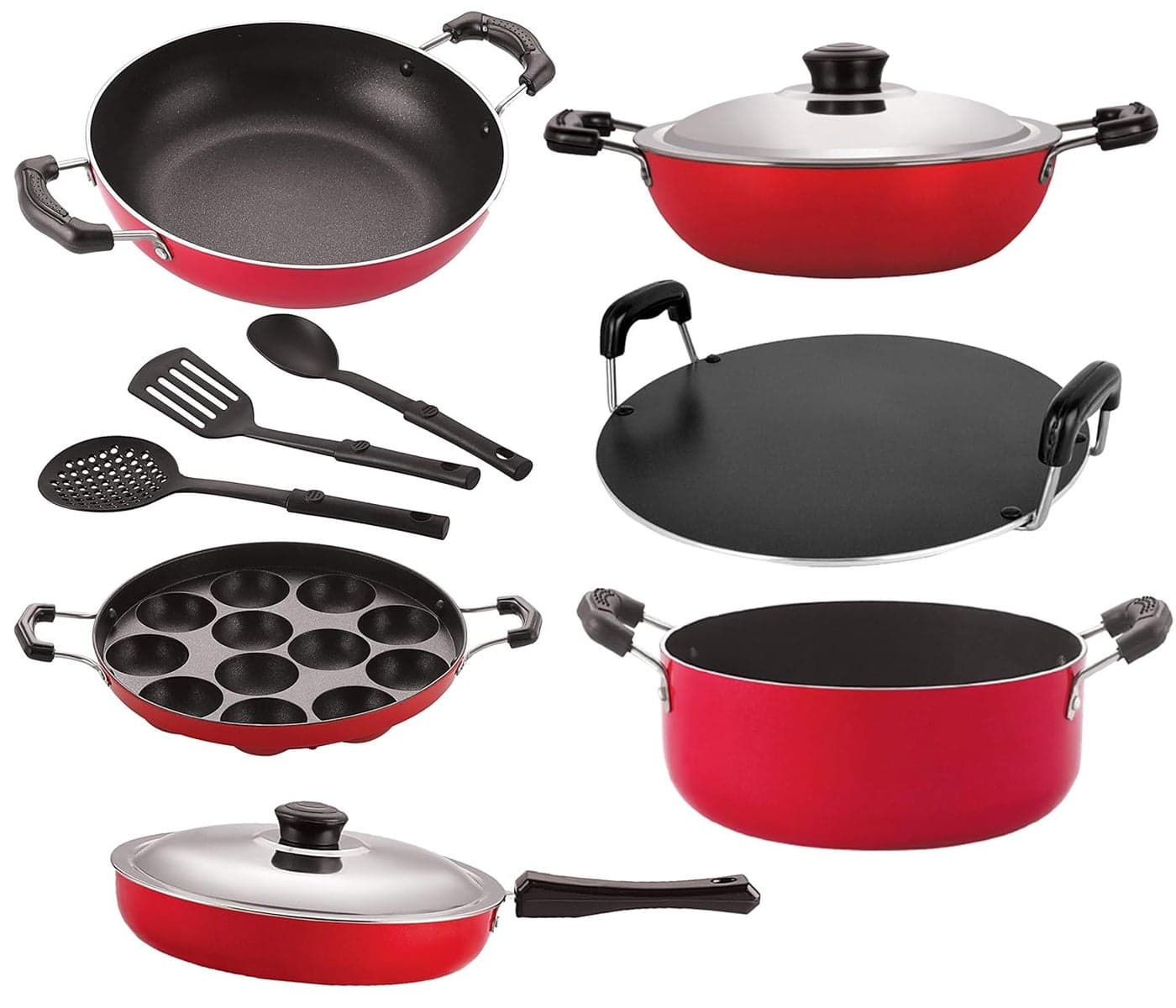 NIRLON Non Stick Aluminium Cookware Combo 26_KD13_DKDB_AP_RT_Cass20_FP12_3SPN Red Set of 9 Pieces