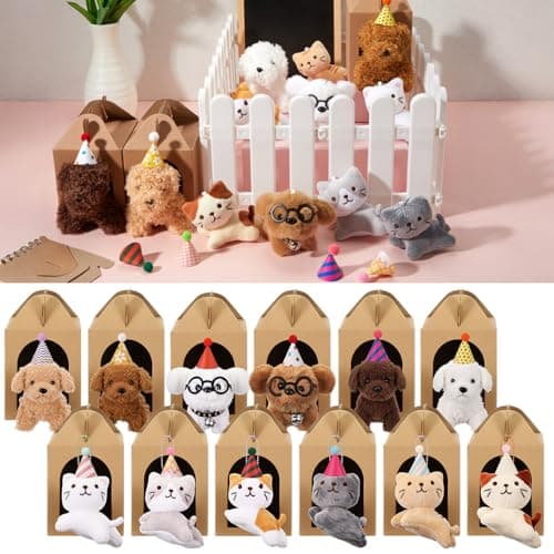 Soulchen 12 Set Valentine Gift Mini Stuffed Animals Adopt a Dog or Cat Party Favors Puppy Mini Plush Cat Small Animals Kraft Paper Boxes Cone Cake Birthday Hats for Valentine Birthday Party Gift