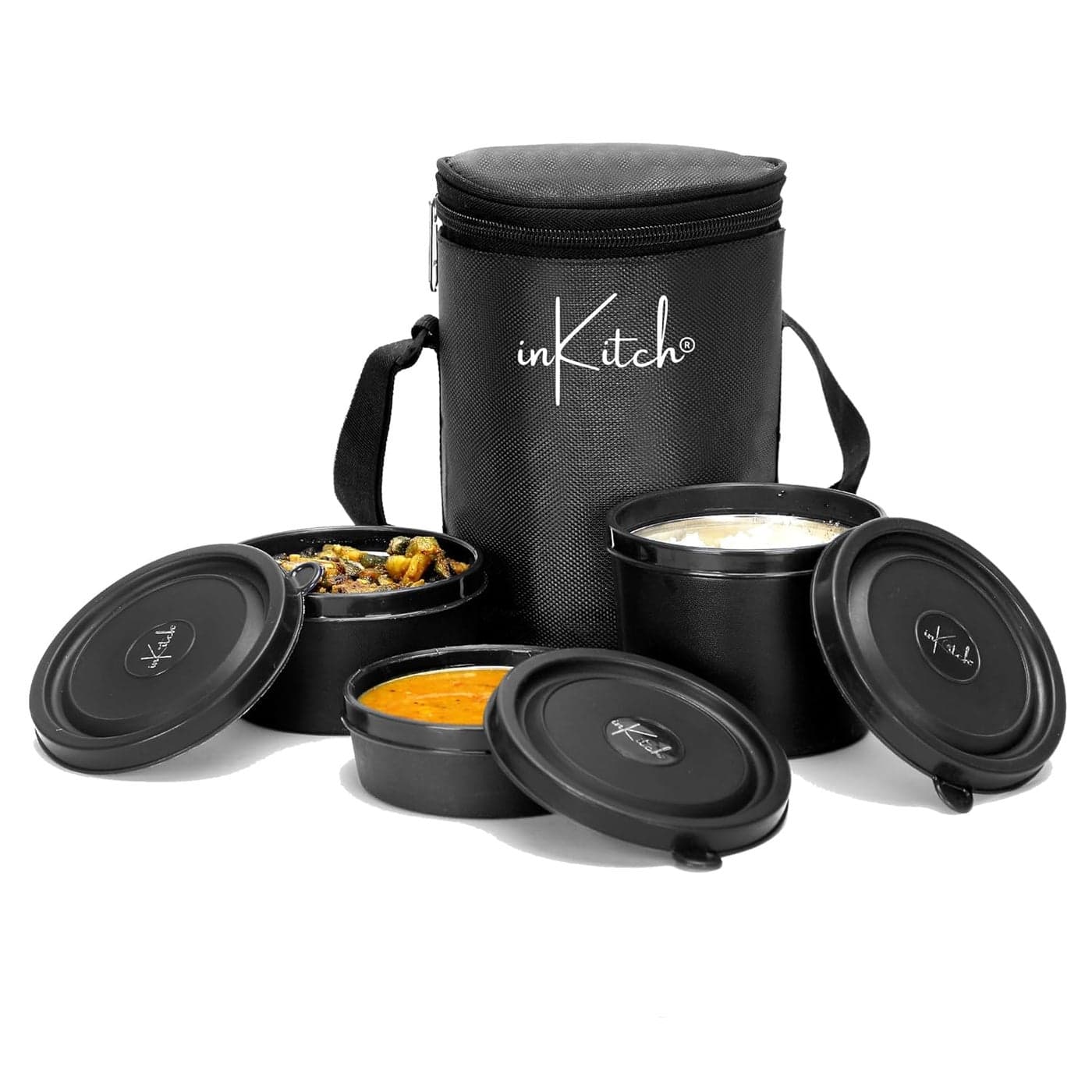 inKitch Microwave Safe Lunch Box Set with Bag 3 Containers 250400500 ml Black Outer Plastic Inner Stainless Steel Tiffin Box Leakproof Lunch Boxes