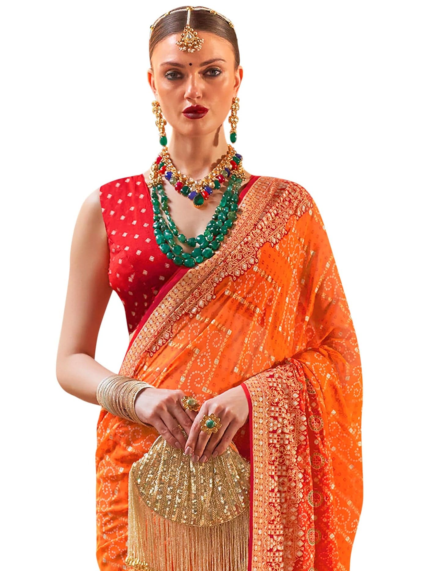SAREE MALL Women's Embellished Bandhani Print Georgette Saree with Unstitched Blouse Piece (Orange_QUEEN848_RW)