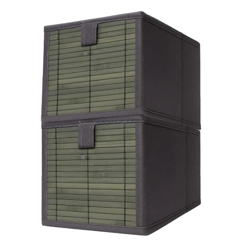 Prime Pick Smart Fold Storage Box Foldable Clothes Organizer Bamboo Front Metal Frame Lid Covered Washable Fabric Wardrobe Drawer Closet Storage Bin Easy Carry Handles Grey Pack of 2