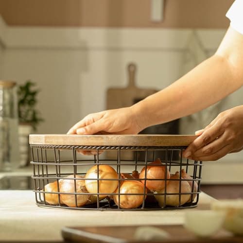 Ellementry Twine Metal Wire Kitchen Vegetable Storage Basket with Wooden Lid, Fruit Basket for Pantry, Countertop Multi-Functional Fruit & Vegetable Organizer for Home & Kitchen Décor