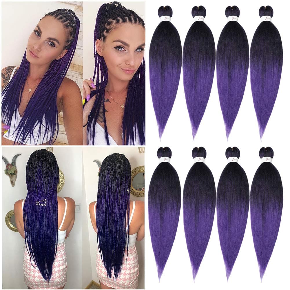 Braiding Hair PreStretched Braiding Hair 208 Packs Hot Water Setting Perm Yaki Synthetic Hair For Twist Braids Ombre Black To Purple20Inch1BPurple