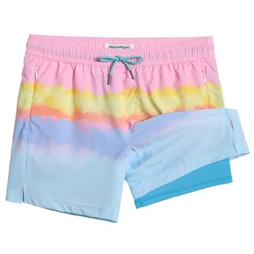 maamgic Mens Swim Trunks with Compression Liner 5" Stretch Athletic Swimming Shorts Quick Dry with Zipper Pockets No-Chafing Board Shorts Sunset by The Sea Large