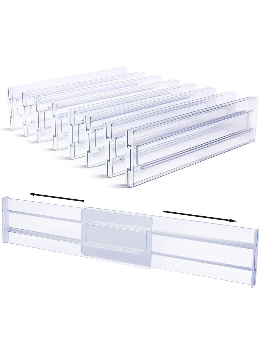 Drawer Dividers Organizers 8 Pack, Adjustable 3.2" High Expandable from 12.2-21.4" Kitchen Organizer, Clear Plastic Drawers Separators for Clothing, and Office Storage