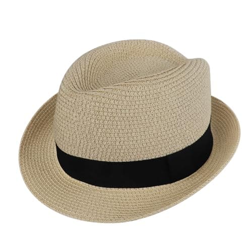 Kids Fedora Hat Panama Trilby Hat Sun Straw Hats Jazz Short Brim Roll Up Summer Beach Cap for Boys Girls 2-7 Years (US, Alpha, One Size, Beige)