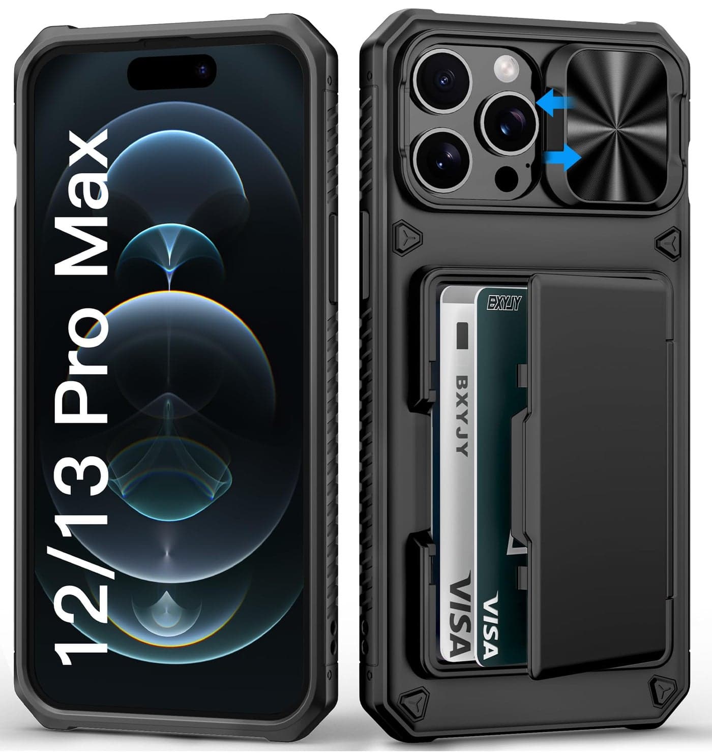 BXYJY for iPhone 12 Pro Max & 13 Pro Max Case Wallet, Card Holder (4-5 Cards), Slide Camera Cover, Military Drop Protection, Rugged Heavy Duty Men Women Phone Case for iPhone 12 Pro Max, Black