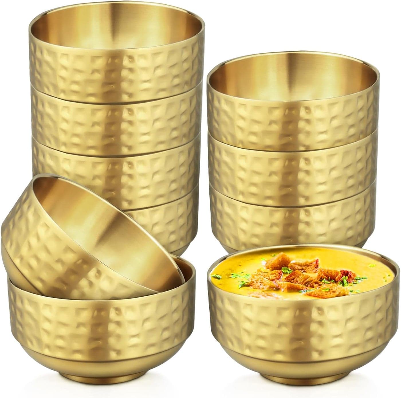 10 Pcs 45 In Gold Stainless Steel Bowls Small 13Oz Double Walled Soup Bowls Thick Non Slip Appetizer Snack Small Metal Serving for Sauces Rice Noodles Ice Cream Oat 10 Pcs