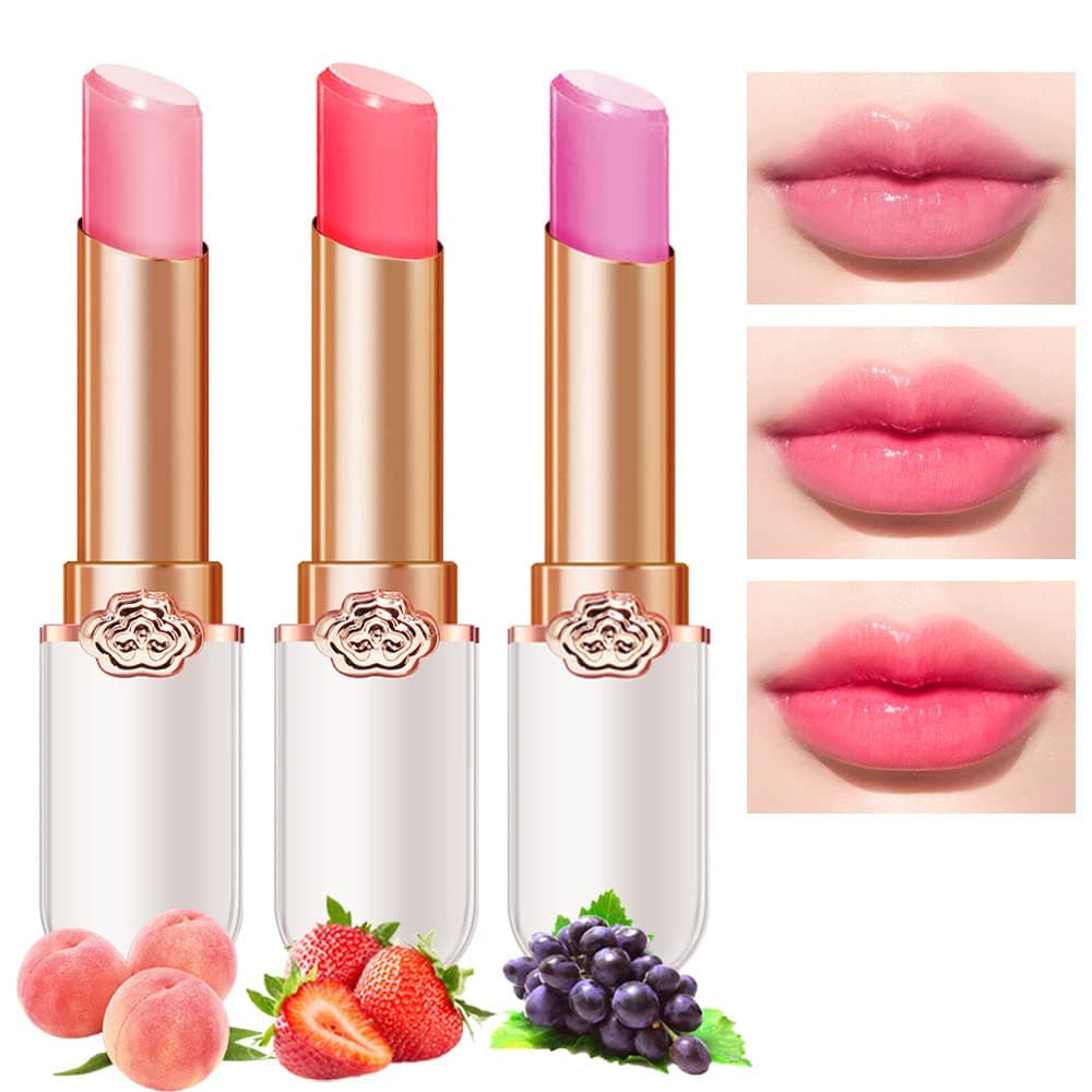 BINGBRUSH Peach Color Changing LipstickMoisturizer Long Lasting Lip Care Lip Balm Magic Lip Gloss Lip Tint Stain Gloss Set for Women 3 pcs Peach Strawberry Grape Lipstick