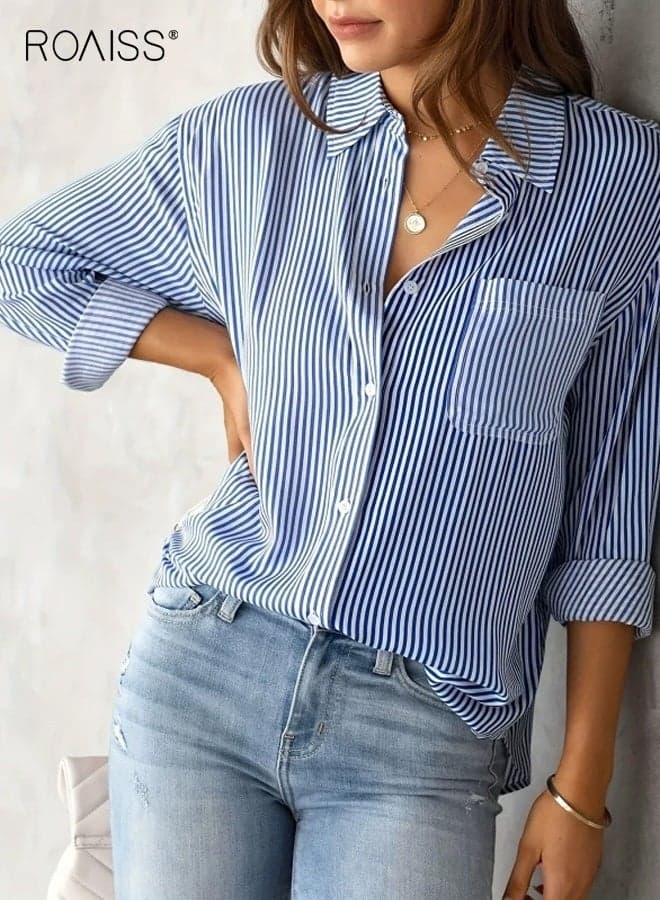 Women's Striped Polo Collar Shirt Button-Down Front Loose Fit Comfortable Breathable Casual Long Sleeves Suitable for Everyday Commuting or Work Top with Pockets Blue