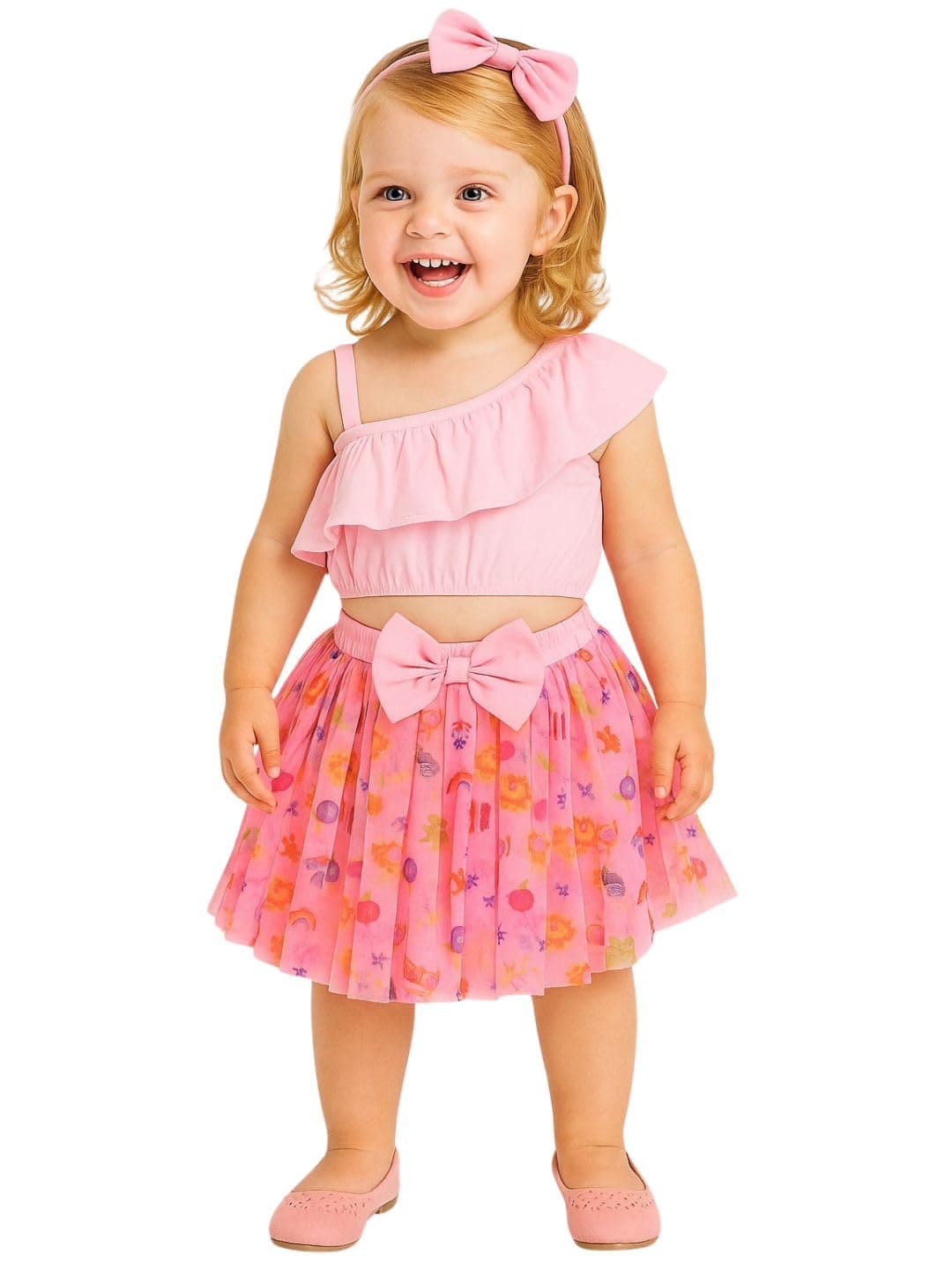 A.T.U.N. (ALL THINGS UBER NICE) Baby Girls One Shoulder Crop Top with Printed Skirt & Matching Headband Set | 3 Piece Outfit Set for Kids