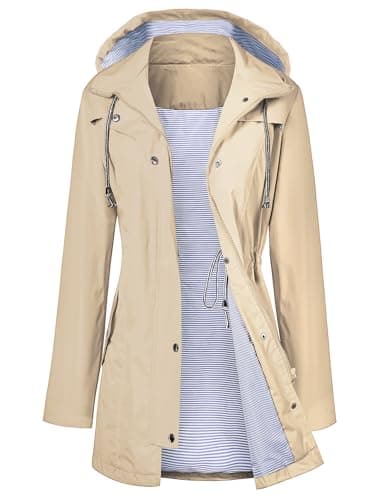 LOMON Raincoat Women Waterproof Long Hooded Trench Coats Lined Windbreaker Travel Jacket Khaki M