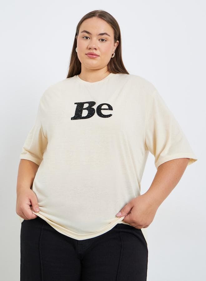 Plus Size Beige Embellished T-Shirt