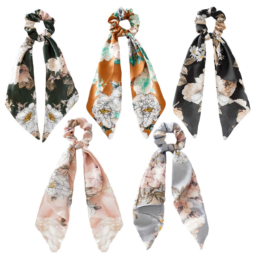 Paisley Silk Scrunchies with Ribbon Bow, Floral Printed Ribbon Ties (Flower Pattern)