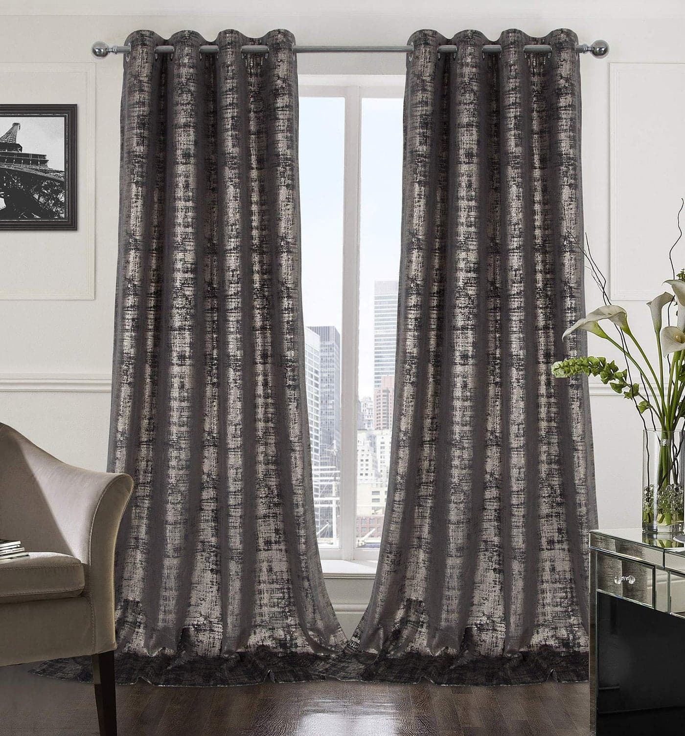 always4u Soft Velvet Curtains 108 Inch Length Long Luxury Bedroom Curtains Gold Foil Print Window Treatments for Living Room Set of 2 Charcoal Grey