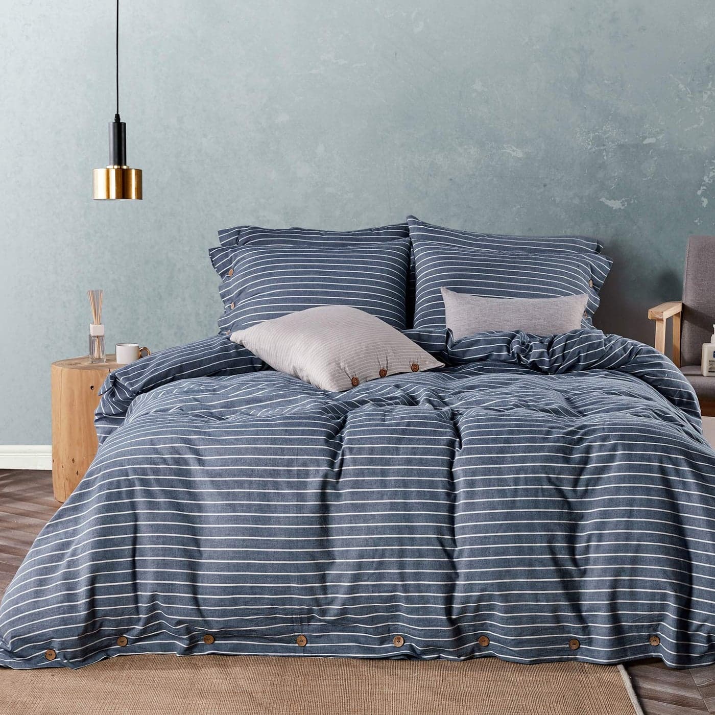 JELLYMONI Cotton Duvet Cover King Size Blue Pinstriped Comforter Cover with Button 100 Washed Cotton 3PCS Breathable Soft Solid Bedding Set Duvet Cover 10490in 2 Pillowcases NO Comforter