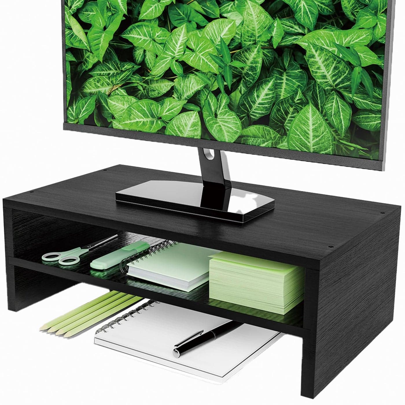 Simpple Trending Monitor Stand Riser 2 Tier Wood Office Desk Storage Organizer for Laptop Computer Black