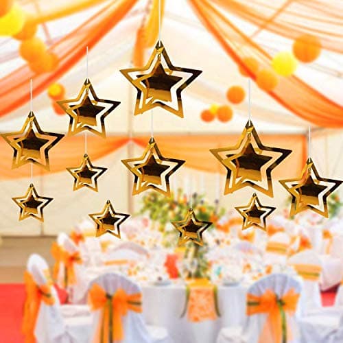 Pack of 10 Golden Metallic 3D Star Party Decoration Kit Star Party Supplies Hanging Decor for Party, Happy Birthday, Anniversary,