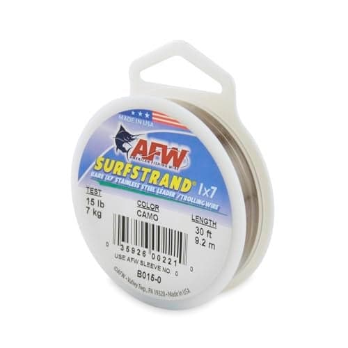 American Fishing Wire Surfstrand, Bare 1x7 Stainless Steel Leader Wire, 15 lb Test, 0.010" Diameter, Camo, 30 ft