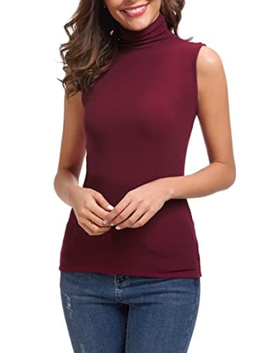 Womens Mock Turtleneck Sleeveless Stretch Fitted Underscrubs Layer Tank Tee Tops (M, Burgundy)