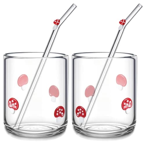 Skylety 2 Set Mushroom Icon Juice Glass Cups - Icon Glass Cup with 2 Straw 14 oz Double Old Fashioned Cute Pattern Glassware for Tea, Water, Milk, Coffee, Parties Gifts