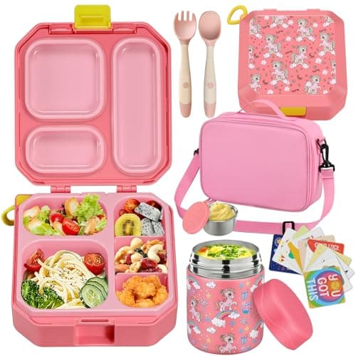 wiwens Bento Lunch Box for Kids with 12oz Soup Thermo Leak-Proof Lunch Food Container with 5 Compartment Thermo Hot Food Jar and Insulated Lunch Bag for Kid Toddler Girls Boys to School