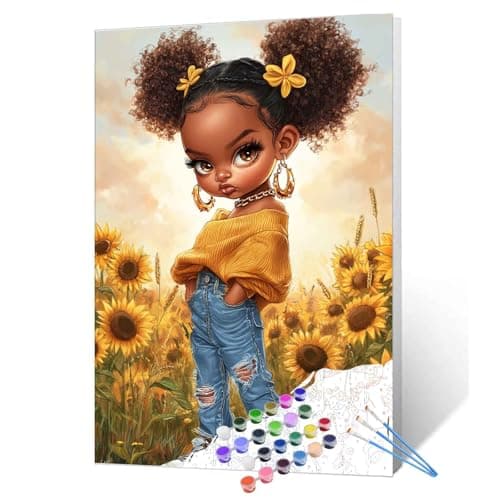Tucocoo Cool Black Girl Paint by Numbers for Adults Beautiful Sunflowers Field DIY Paint by Number Acrylic Paint Canvas Little Girl Afro Painting Kits Art Home Wall Decor 16x20 Inch Without Frame