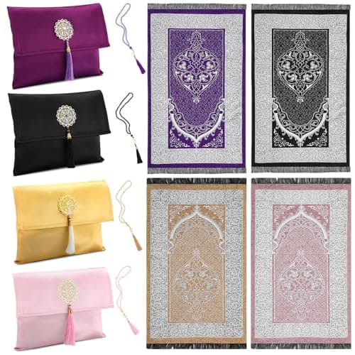 Mindsoft 4 Pack Eid Muslim Prayer Rug Portable Mat with Travel Bag and Beads, Islamic Ramadan Gifts for Men, Women and Kids (Classic Color)