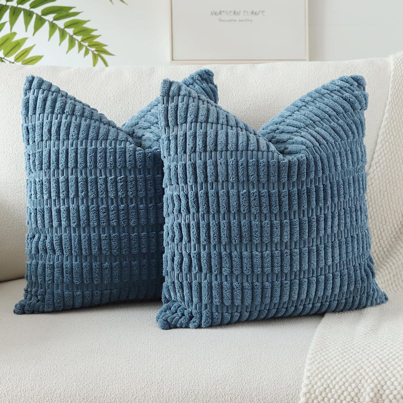 JOTOM Pack of 2 Corduroy Soft Striped Cushion Covers 40x40 cm 16x16 Inch Boho Decorative Throw Pillow Covers Square Cushion Case Home Decor Pillow Cases for Couch Sofa Living Room Bed Dusty Blue