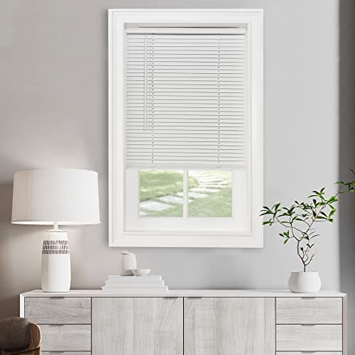 Cordless Light Filtering Mini Blind 23 Inch Width 42 Inch Length 1 Slat Size Pearl White Cordless GII Morningstar Horizontal Windows Blinds for Interior by Achim Home Decor