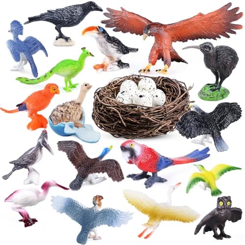 SIENON 23Pcs Birds Toys Playset Assorted Wildlife Bird Figures with Nest Raven Kiwi Ostrich Macaw Golden Eagle for Kids Educational Birthday Cake Dcor Garden Accessories School Project