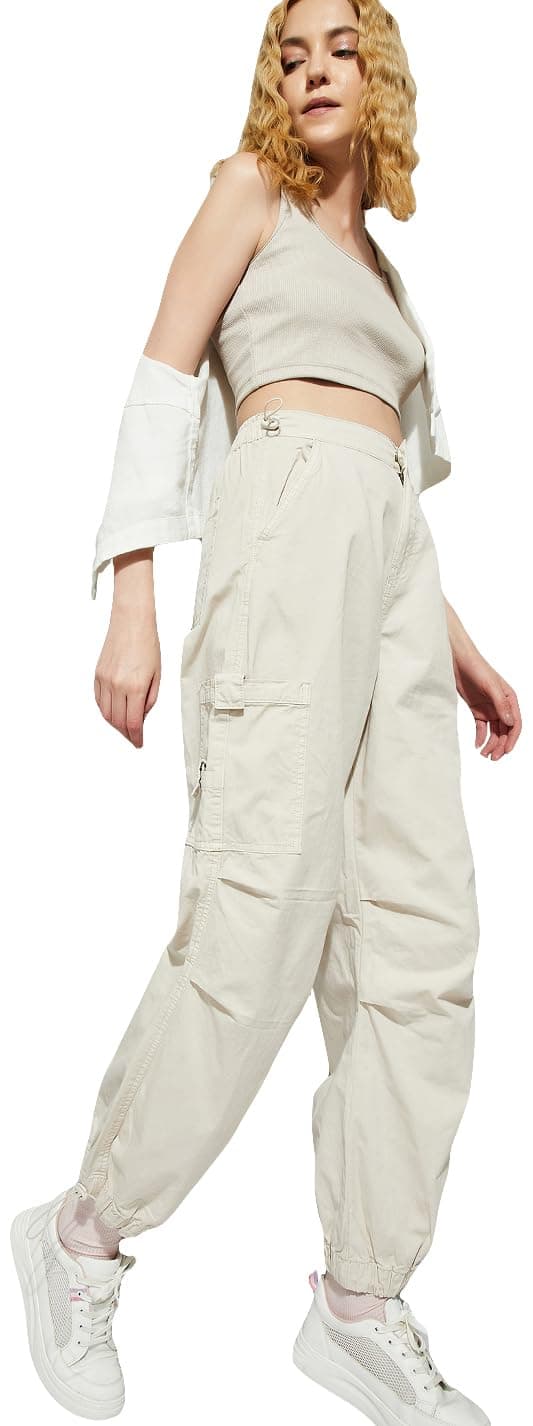 Max Alaya F x URB_N Women Solid Parachute Pants (Ecru_XL)