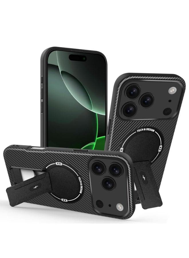 Carbon fiber magnetic phone case for iPhone 17 Pro Max, invisible folding stand, wireless charging, shockproof and drop-proof