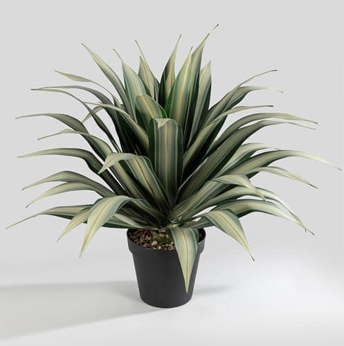 SUNPRAIRIE LifeLike Extra Large 34 Inch Tall Artificial Agave Plant Cream Leaves with Textured Dark Green Stripes UV Resistant Faux Plants Outdoor and Indoor Large Artificial Plants