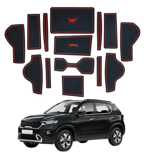 Car Drome | Door Cup Mat Set for Kia Sonet | Premium Non Slip Rubber Inserts | Custom Fit 14 Pieces | Red Trim Interior Accessories | Dustproof Washable Car Styling