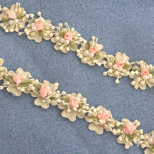 Kuasting 2 Yard Vintage Pearl Flower Ribbon Scallop Edge Trim Lace Fabric Sewing Lace Trim Handmade DIY Sewing Supplies for Dress Embellishment Small Pearl lace