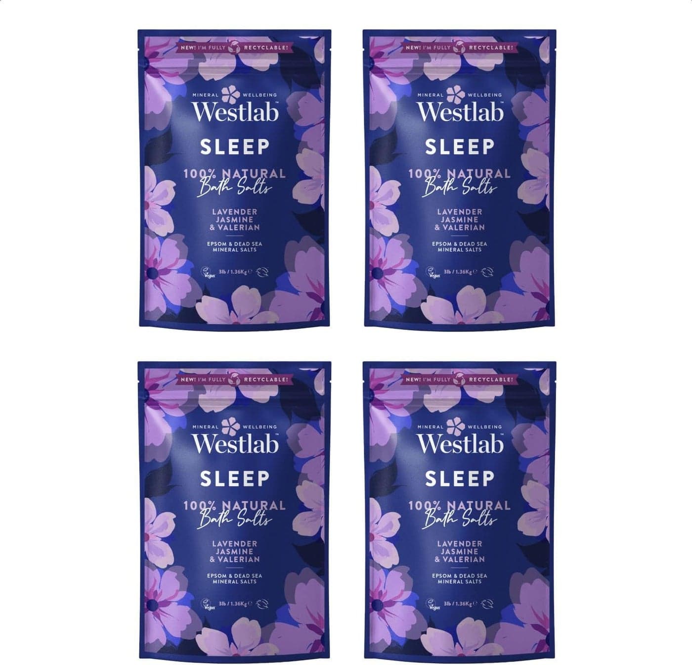 Westlab Sleep Epsom Dead Sea Bath Salts 136kg x 4 Resealable Pouches 100 Natural Pure Unscented Mineral Salts with Jasmine Lavender