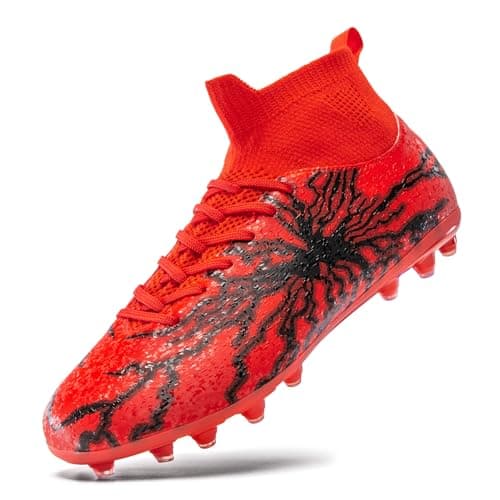HRJR Kids Soccer Cleats Boys Girls Training Football Cleats Youth Hightop Soccer Shoes for LittleBig Professional Athletic Outdoor Football Shoes Red 25 Big Kid