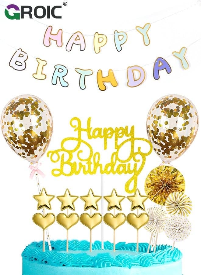 18 Pcs Birthday Cake Set Happy Cupcake Letters Candles Toppers Confetti Balloon Stars Hearts Hat & Banner, Decoration Supplies (Gold)