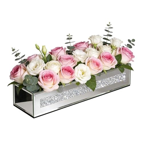 blingworld Flower Vase Rectangular Crushed Diamond Mirrored Vases for Centerpiece, Luxury Flower Arrangement for Home Wedding Dining Table Decor, Silver