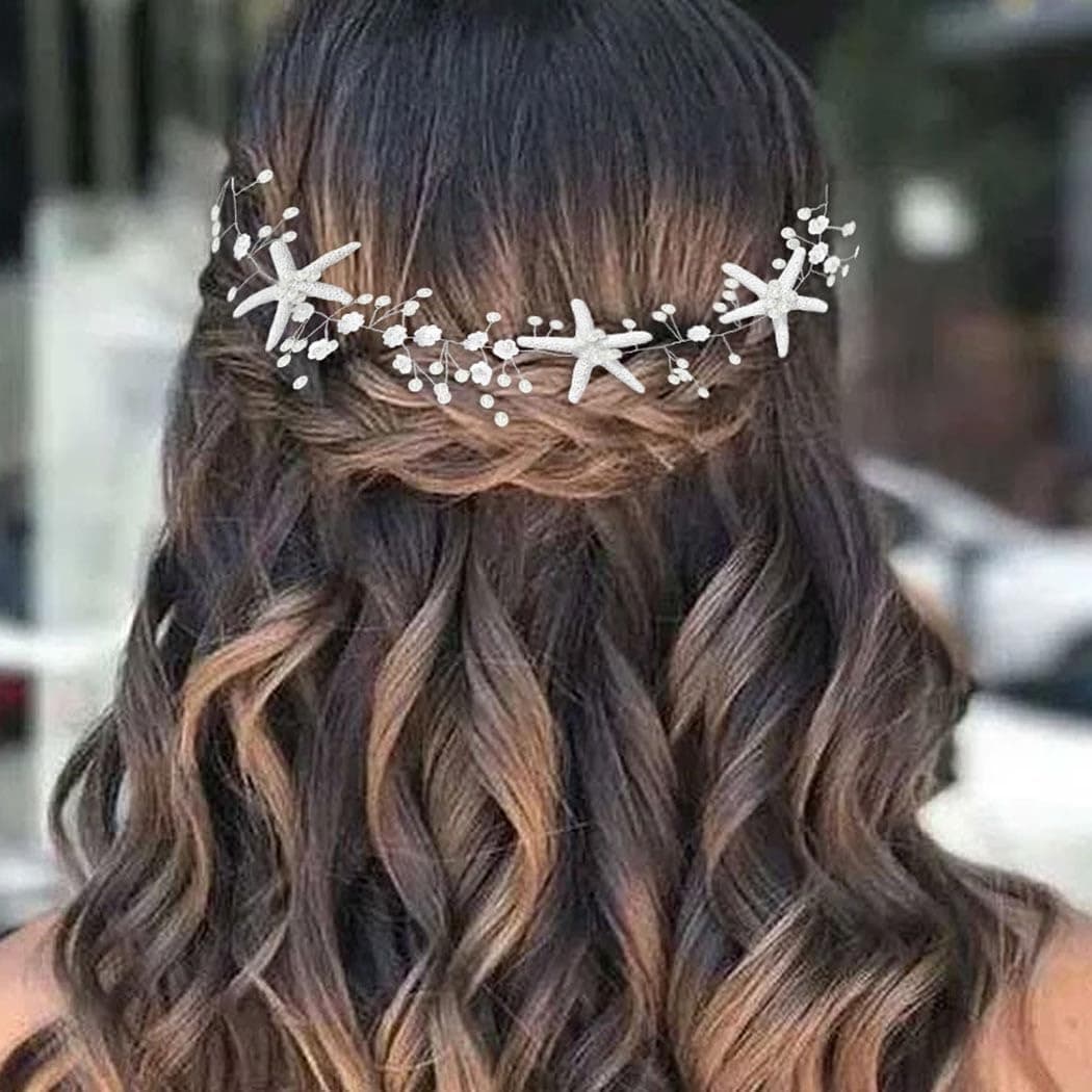 CASDRE Starfish Bride Wedding Hair Vine Pearl Bridal Headpiece Beach Wedding Hair Accessories for Women and Girls(A Silver)