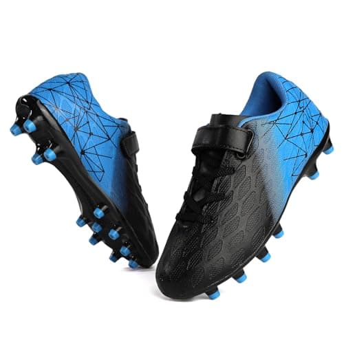 Skerxut Soccer Cleats, Kids Firm Ground Football Shoes, Boys Girls Athletic Outdoor (Black/Blue, Big Kid, 1.5, Numeric, US Footwear Size System, Medium)