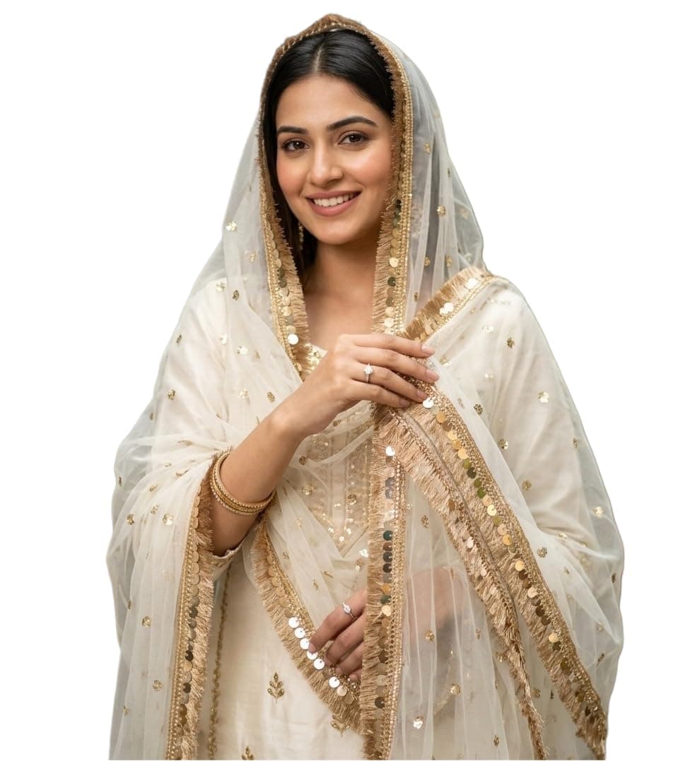 Navti Creations Women's Lightweight Net Dupatta With Sequence Embroidery & Kiran Border (Length 2.25m) (White)