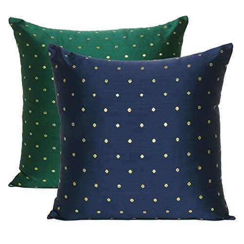 Oussum Throw Cushion Cover Art Silk Pillow Cover Polka Dot Cushion Case Reversible Square Pillow Case for Home Decor Set of 2 (Navy Blue & Green, 12 x 12)