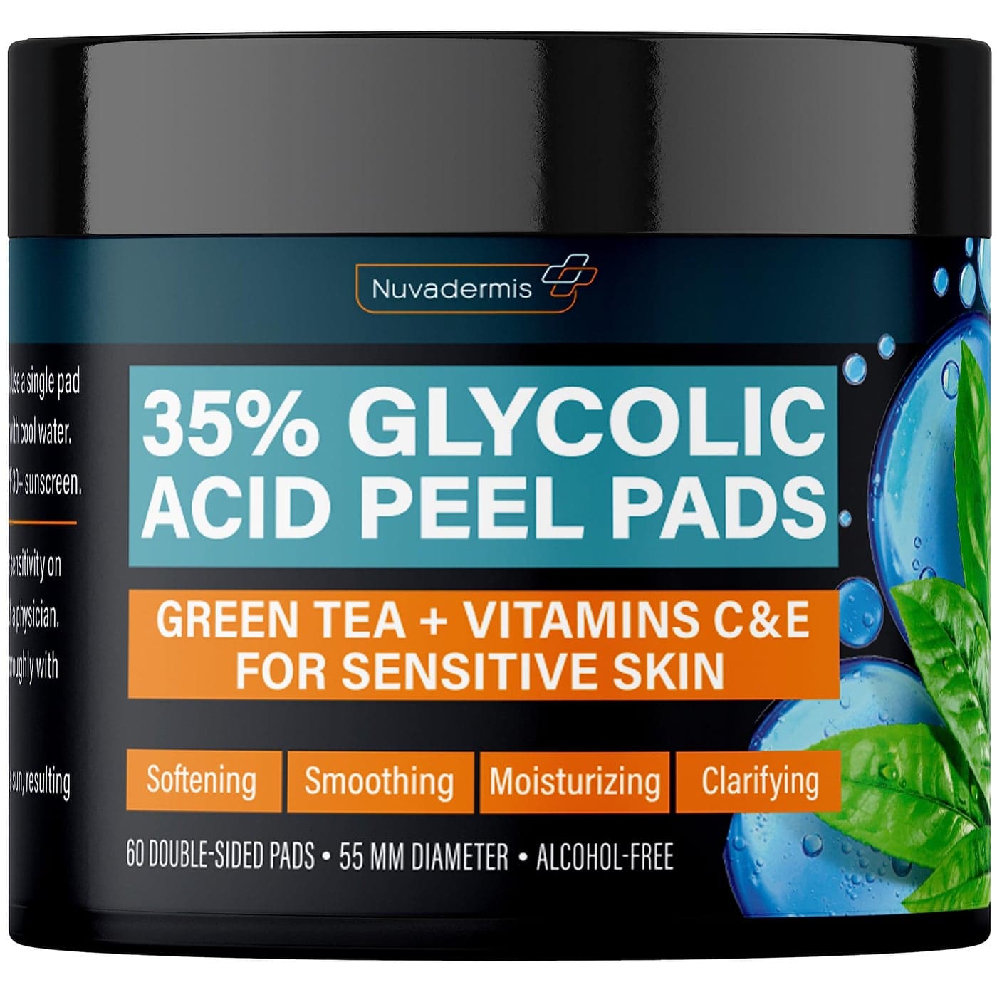 NUVADERMIS 35 Glycolic Acid Peel Pads Exfoliating Facial Resurfacing for Blackheads Dark Spots and Acne Safe for Sensitive Skin 60 DoubleSided Pads