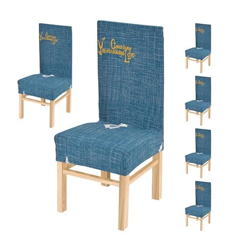 Yellow Weaves Elastic Stretchable Dining Chair Cover, Removable Washable Elastic Floral Printed Dining Chair Covers (Set of 6, Metallic Blue)